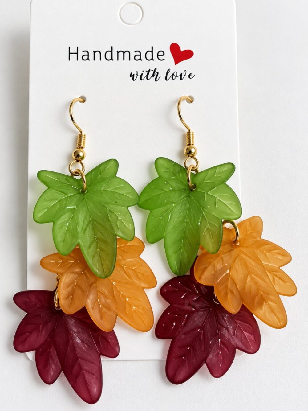 Handmade Triple Leaf Dangle Earrings Autumn Gold Tone Wire Hooks Hypoallergenic